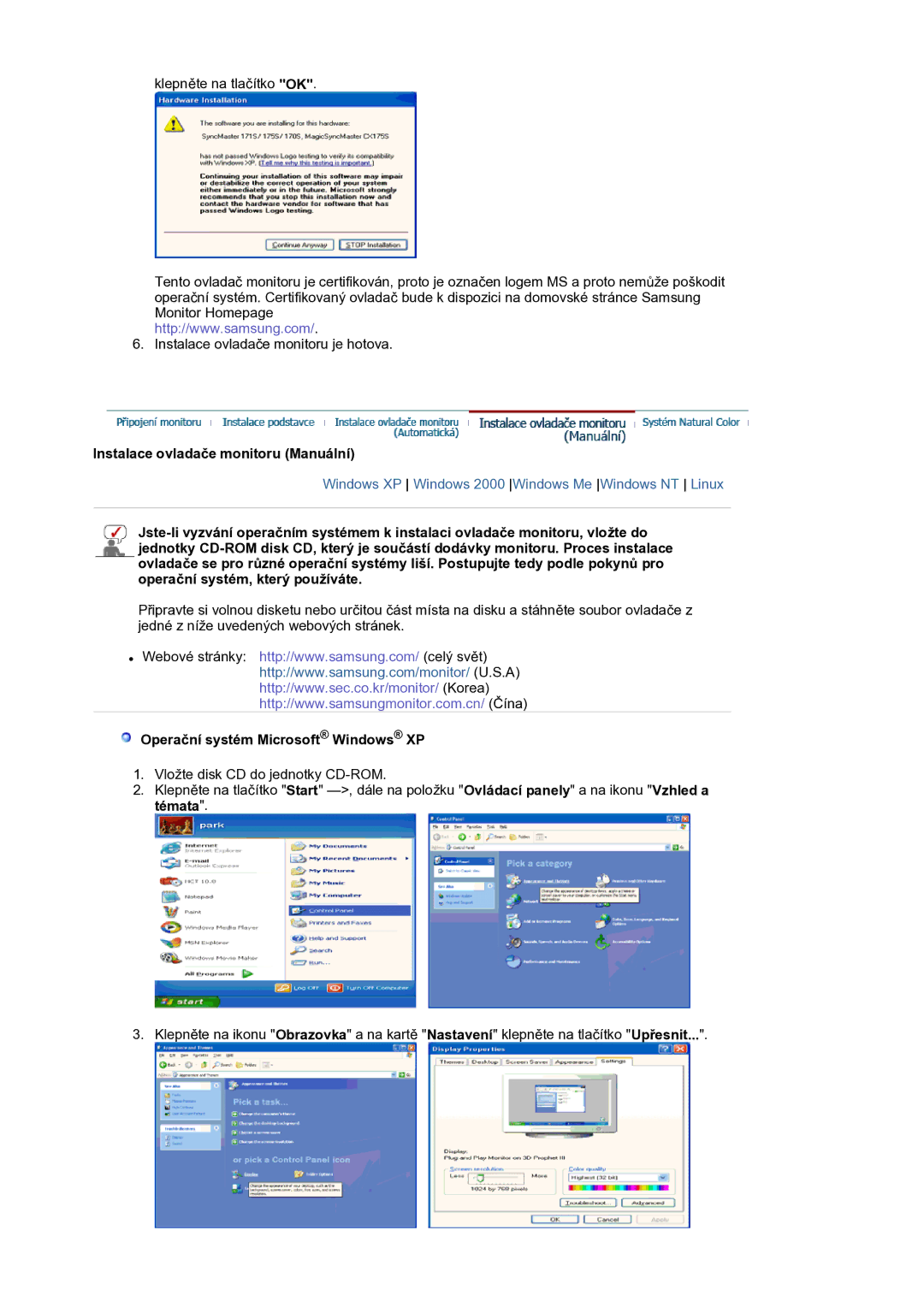 Samsung LS17BIDKSV/EDC manual Instalace ovladače monitoru Manuální, Operační systém Microsoft Windows XP 