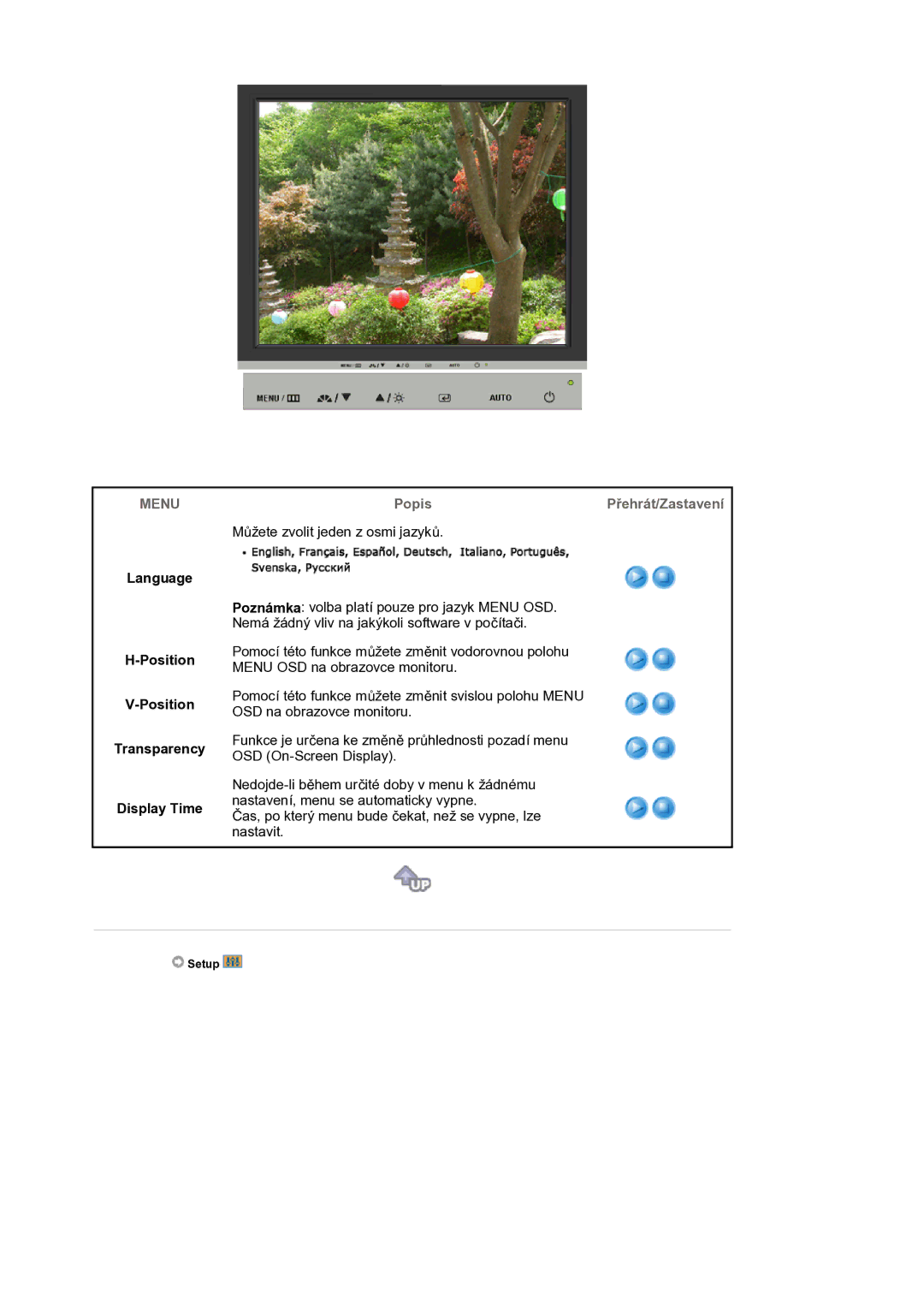 Samsung LS17BIDKSV/EDC manual Language Position Transparency Display Time, PopisPřehrát/Zastavení 