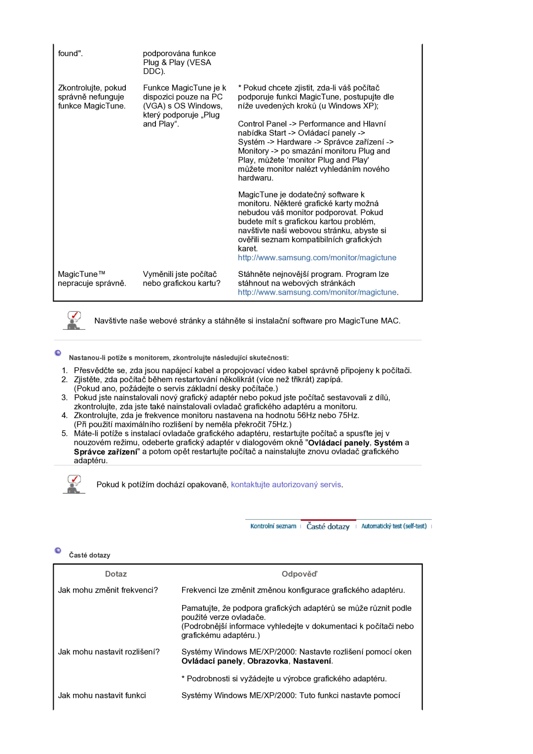 Samsung LS17BIDKSV/EDC manual Dotaz Odpověď, Ovládací panely, Obrazovka, Nastavení 