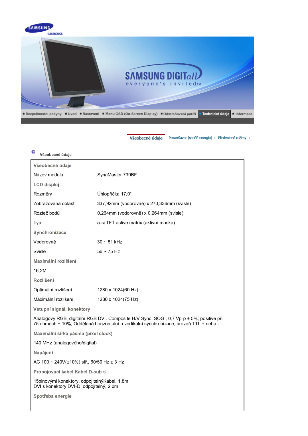 Samsung LS17BIDKSV/EDC manual Všeobecné údaje, LCD displej, Synchronizace, Maximální rozlišení, Rozlišení, Napájení 