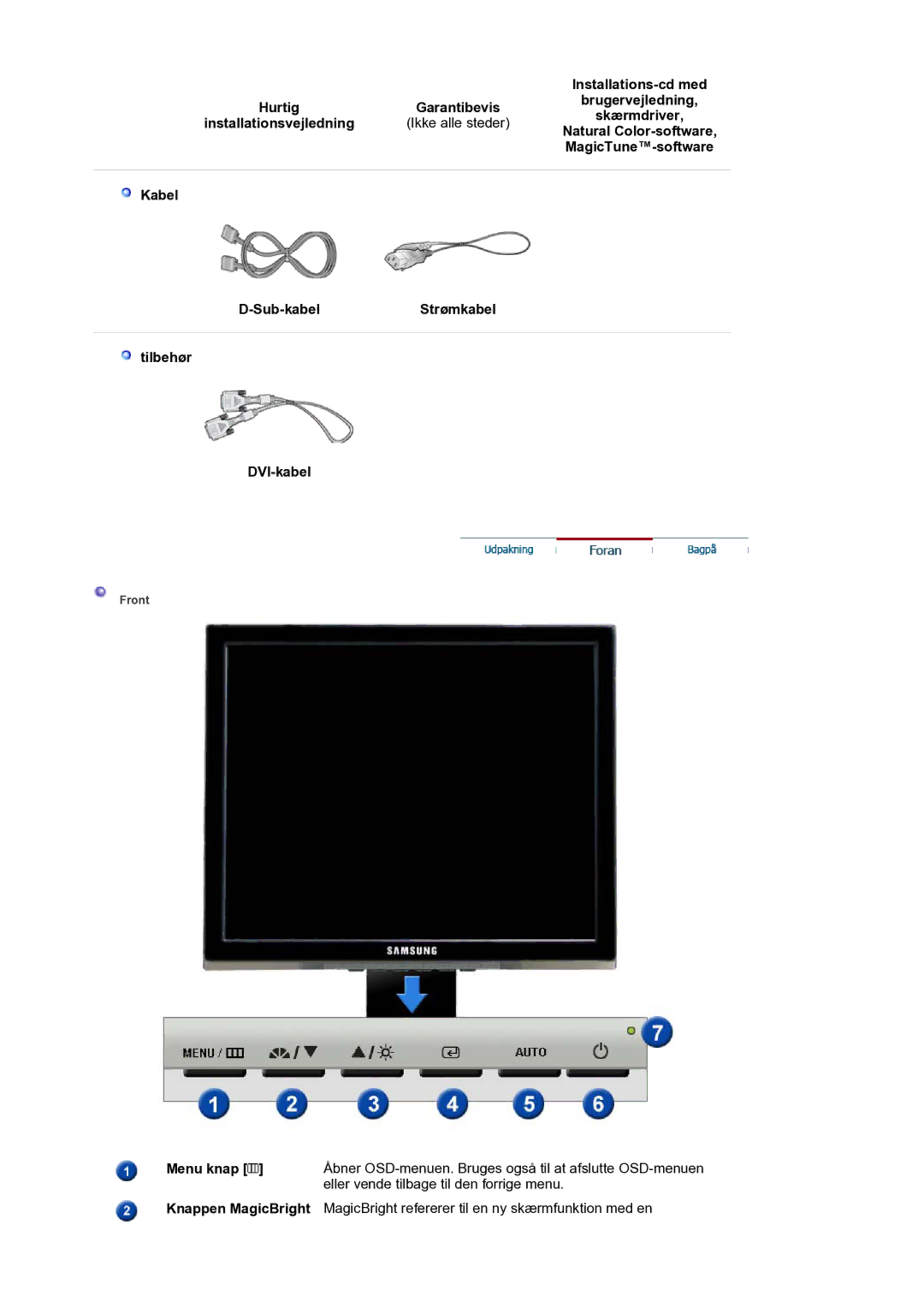 Samsung LS17BIDKSV/EDC Installations-cd med, Hurtig Garantibevis Brugervejledning, Installationsvejledning, Menu knap 