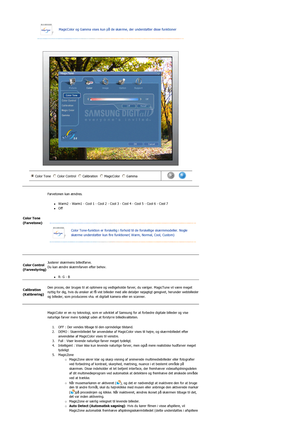 Samsung LS17BIDKSV/EDC manual Color Tone Farvetone, Farvestyring, Calibration, Kalibrering 