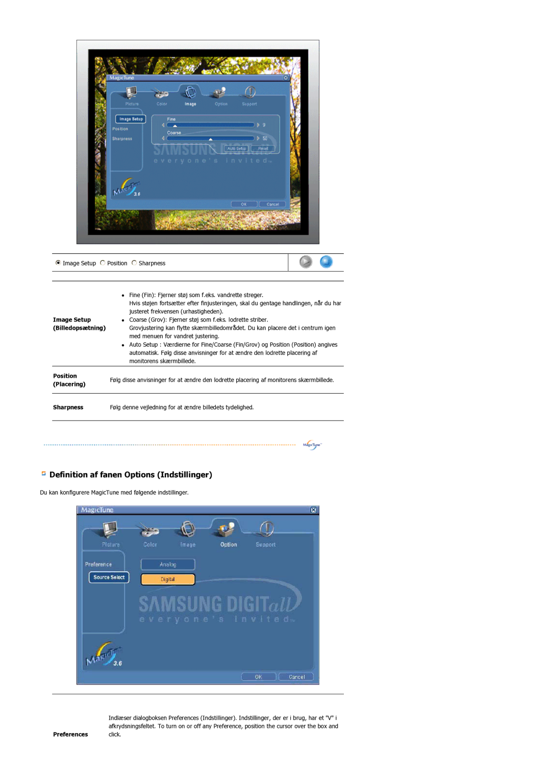 Samsung LS17BIDKSV/EDC manual Image Setup, Billedopsætning, Position, Placering, Preferences click 