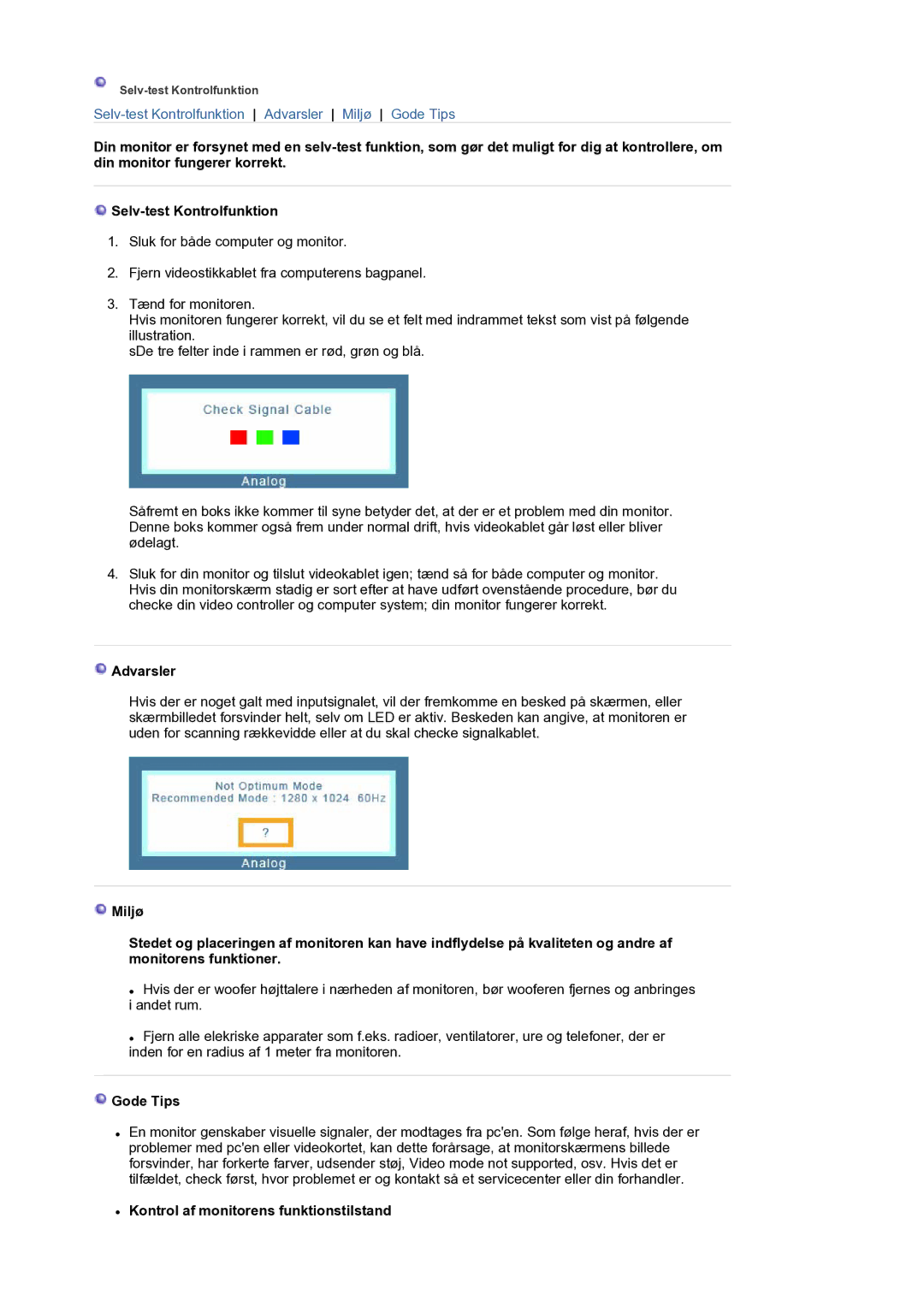 Samsung LS17BIDKSV/EDC manual Advarsler, Gode Tips, Kontrol af monitorens funktionstilstand 