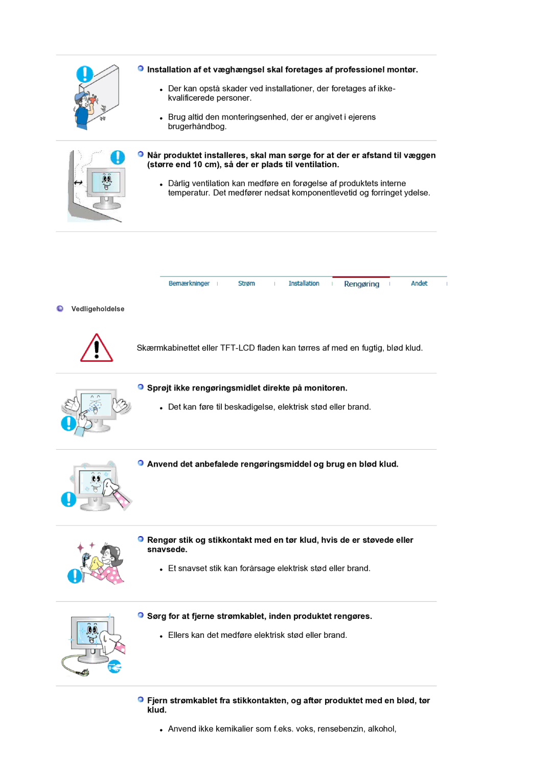 Samsung LS17BIDKSV/EDC manual Sprøjt ikke rengøringsmidlet direkte på monitoren 