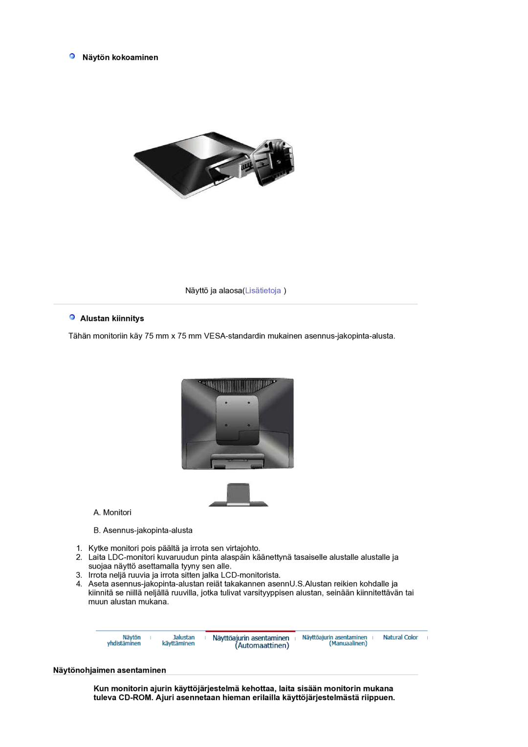 Samsung LS17BIDKSV/EDC manual Näytön kokoaminen, Alustan kiinnitys 