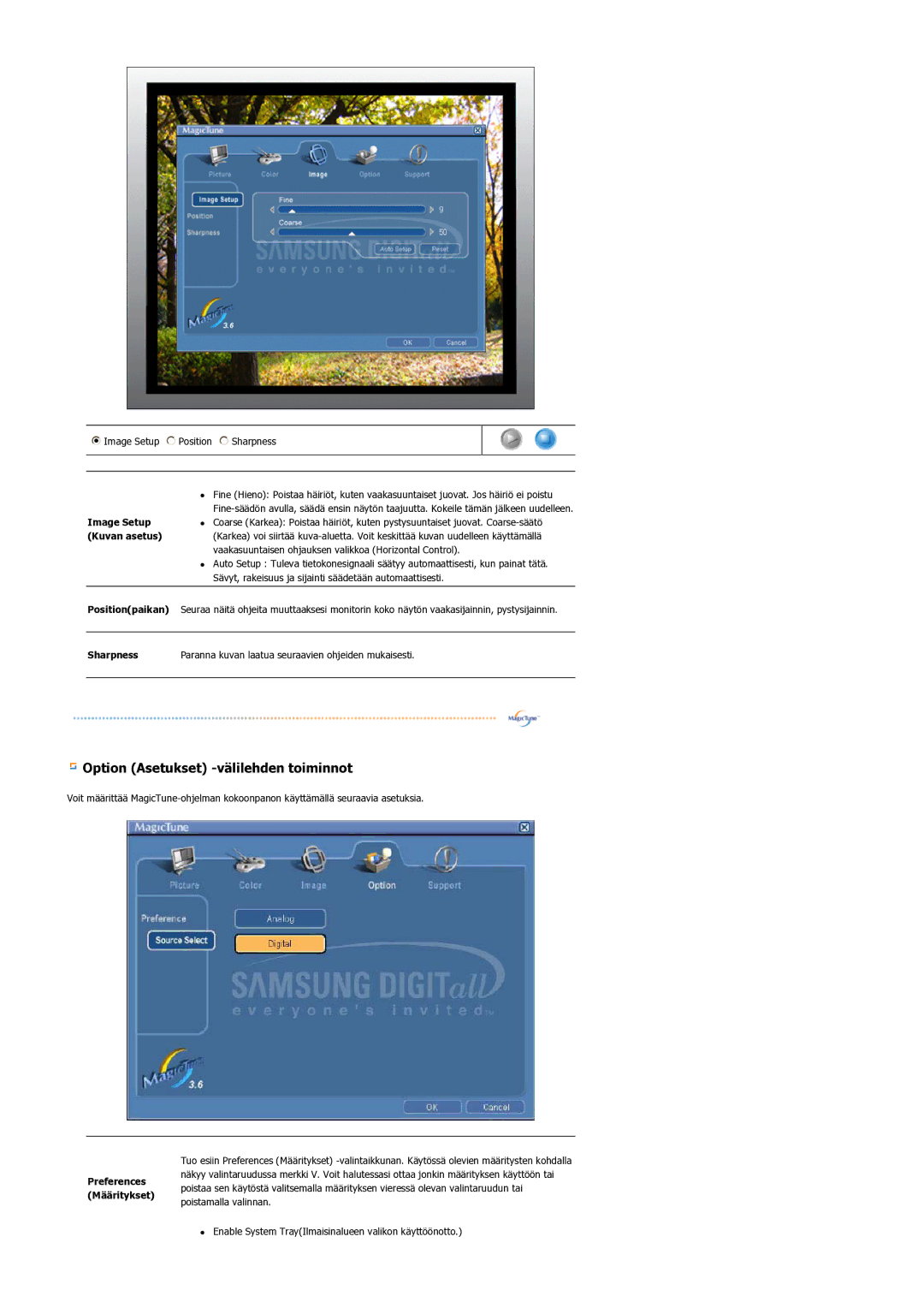 Samsung LS17BIDKSV/EDC manual Option Asetukset -välilehden toiminnot 