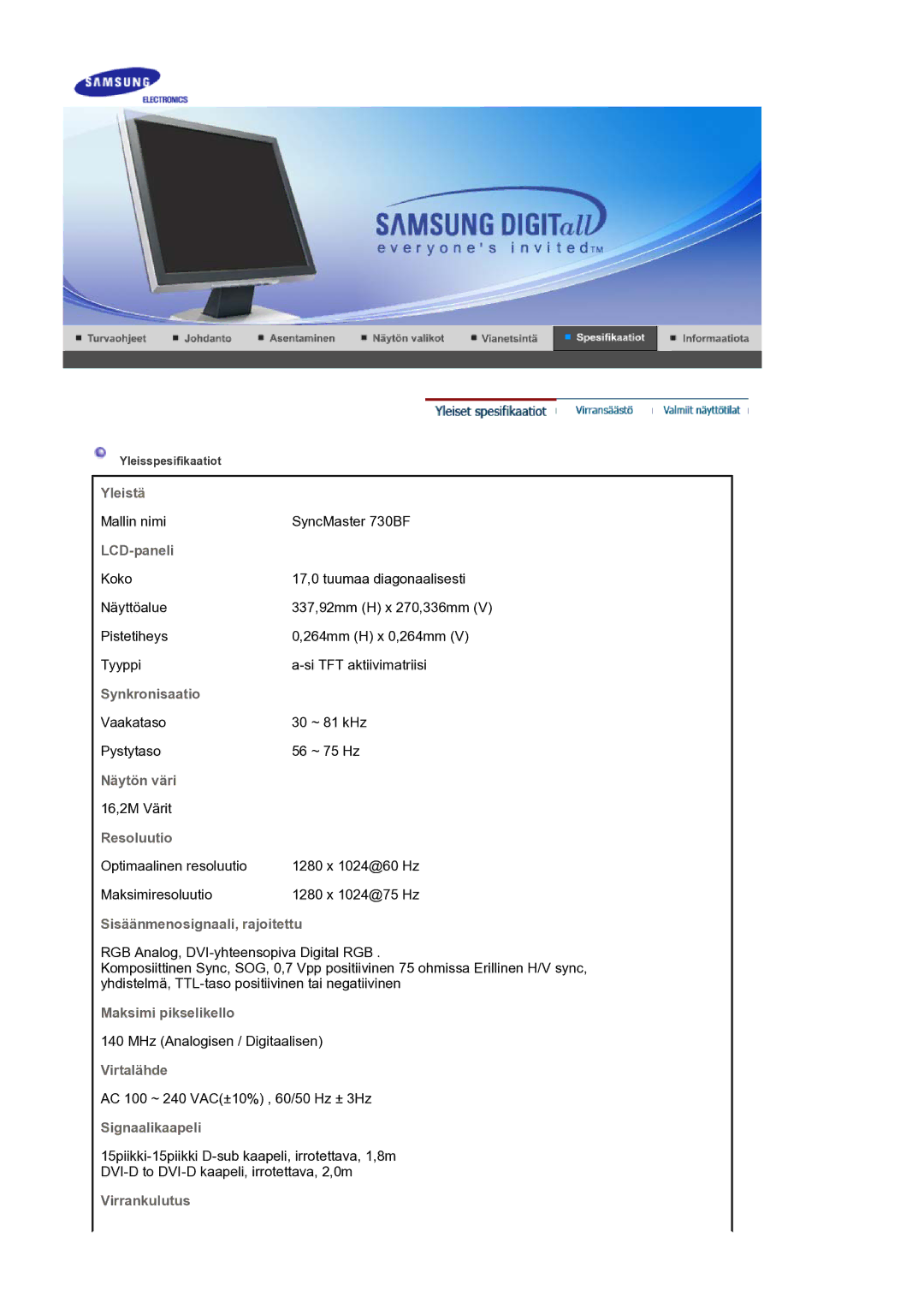 Samsung LS17BIDKSV/EDC manual Yleistä, LCD-paneli, Synkronisaatio, Näytön väri, Resoluutio, Sisäänmenosignaali, rajoitettu 