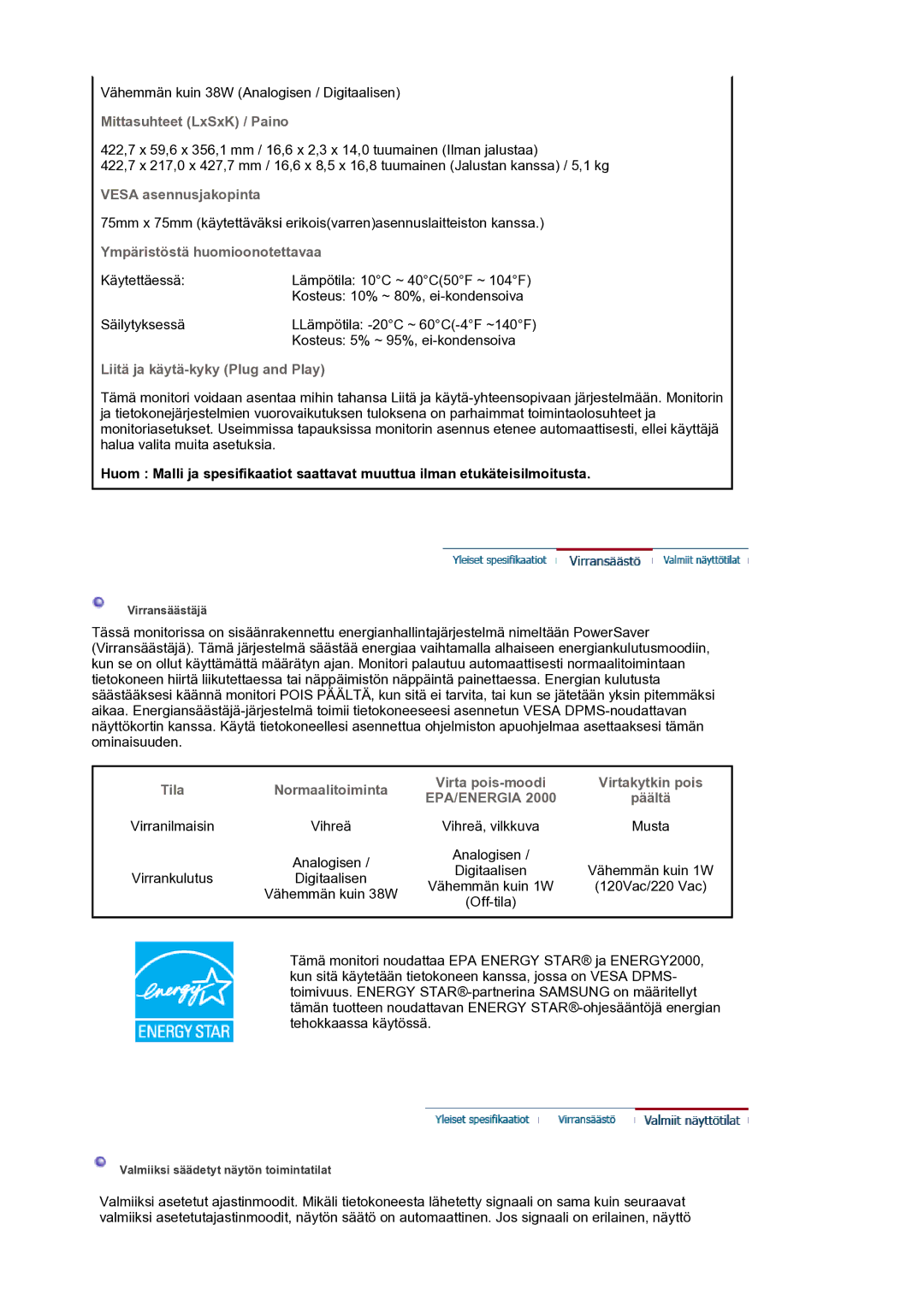 Samsung LS17BIDKSV/EDC manual Vähemmän kuin 38W Analogisen / Digitaalisen 