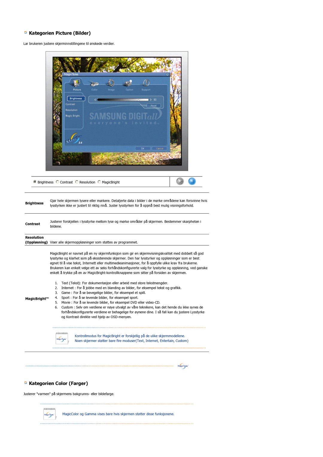 Samsung LS17BIDKSV/EDC manual Brightness, Contrast, Resolution, MagicBright 