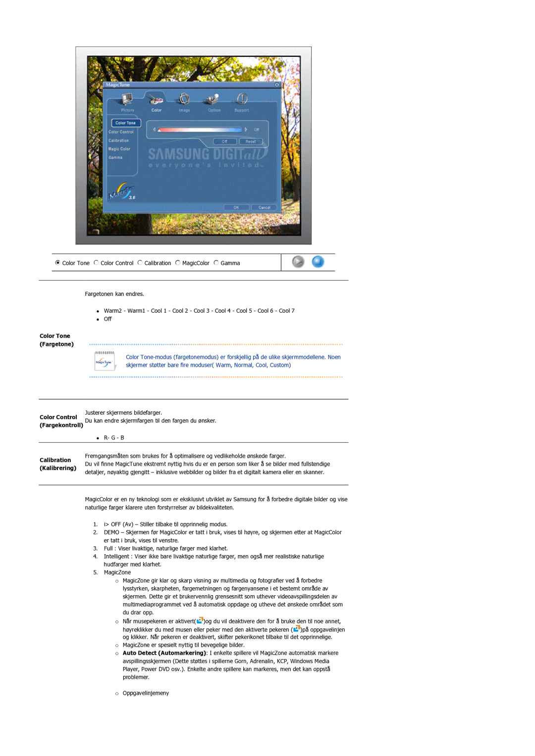 Samsung LS17BIDKSV/EDC manual Color Tone Fargetone, Fargekontroll, Calibration, Kalibrering 