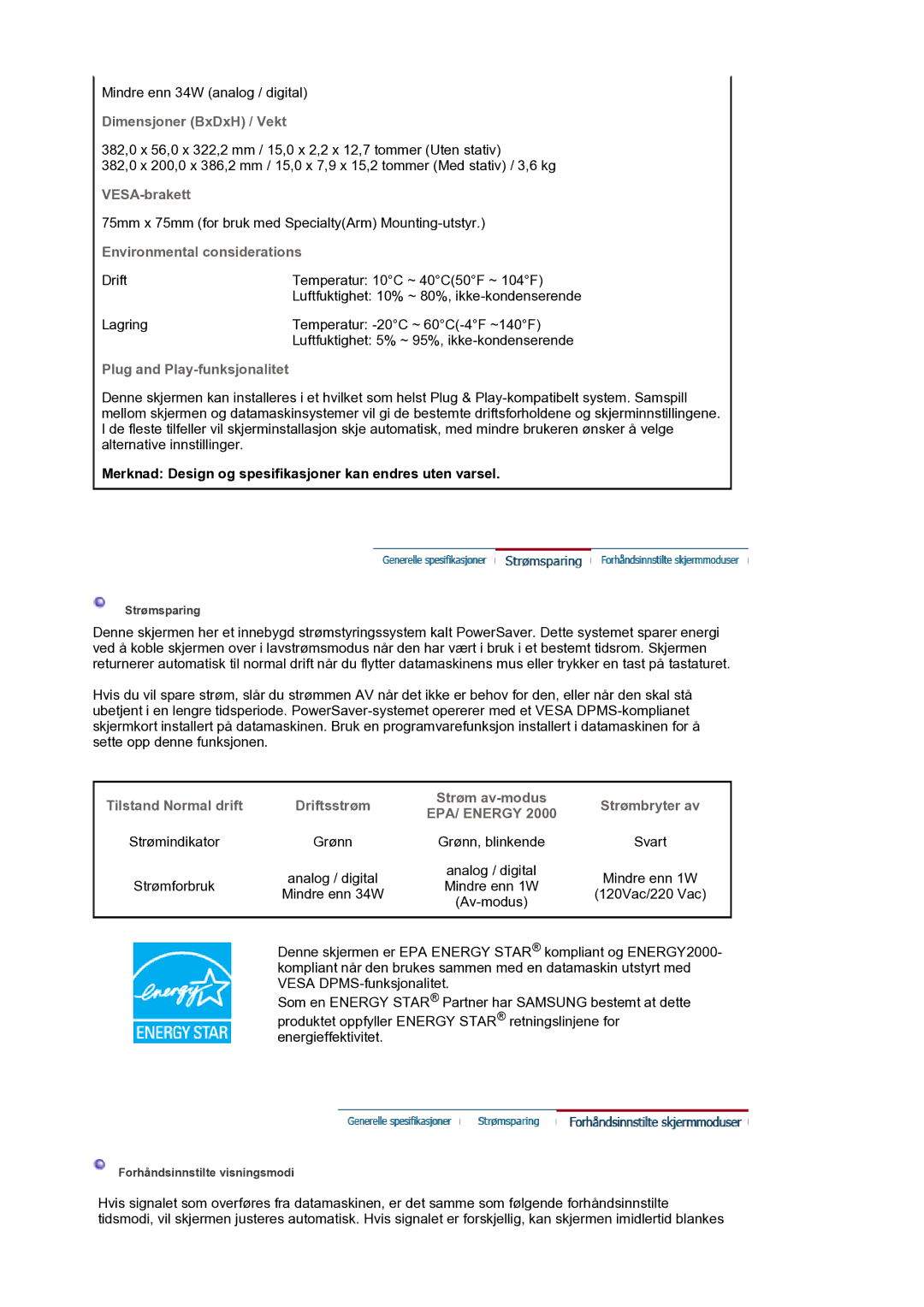 Samsung LS17BIDKSV/EDC manual Dimensjoner BxDxH / Vekt, Merknad Design og spesifikasjoner kan endres uten varsel 