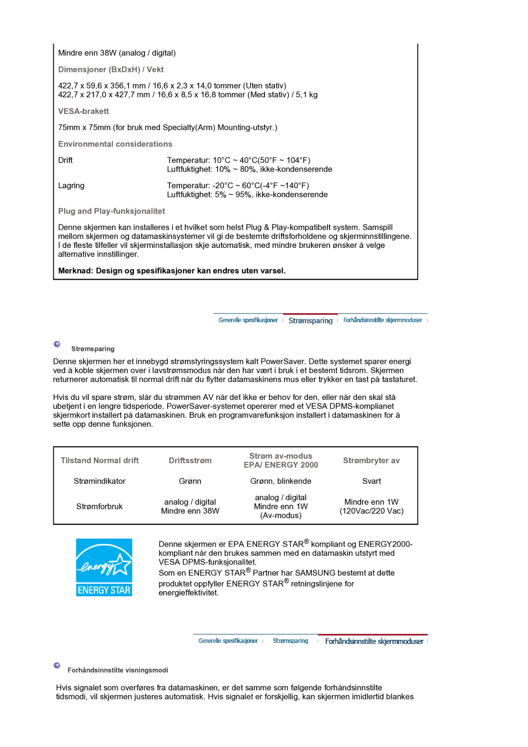 Samsung LS17BIDKSV/EDC manual Mindre enn 38W analog / digital 