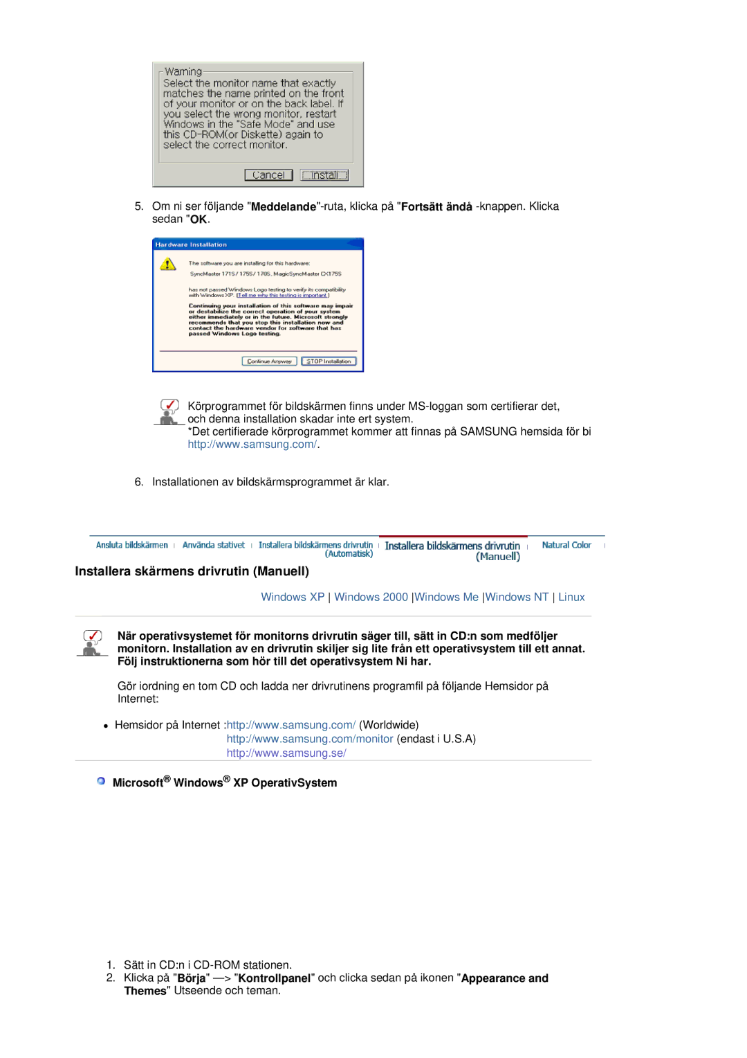 Samsung LS17BIDKSV/EDC manual Installera skärmens drivrutin Manuell, Microsoft Windows XP OperativSystem 