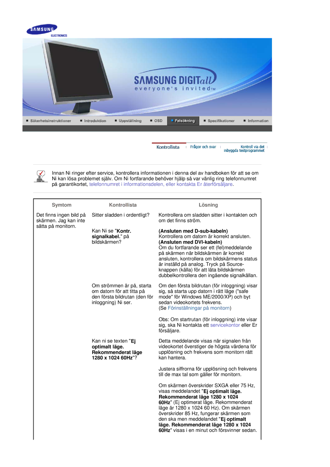 Samsung LS17BIDKSV/EDC manual Symtom, Kontrollista, Lösning, Optimalt läge. Rekommenderat läge 1280 x 1024 60Hz? 