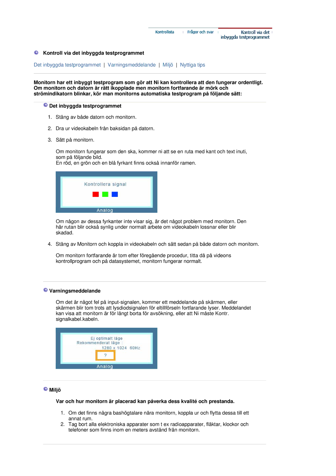 Samsung LS17BIDKSV/EDC manual Kontroll via det inbyggda testprogrammet, Varningsmeddelande 