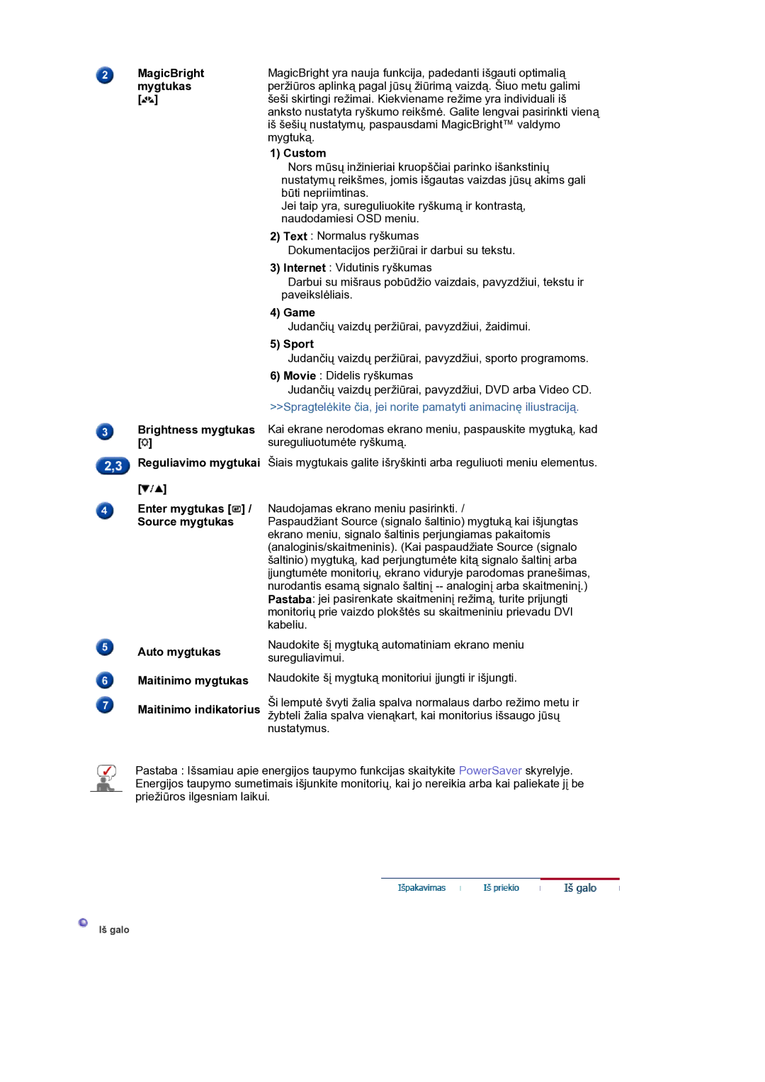 Samsung LS17BIDKSV/EDC manual MagicBright, Mygtukas, Custom, Game, Sport, Brightness mygtukas, Reguliavimo mygtukai 