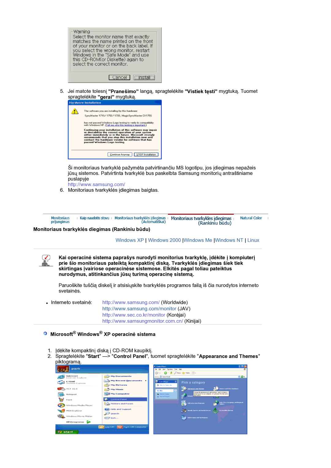 Samsung LS17BIDKSV/EDC manual Monitoriaus tvarkyklės diegimas Rankiniu būdu, Microsoft Windows XP operacinė sistema 