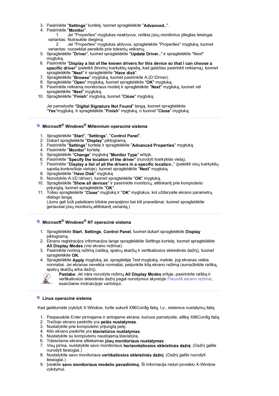 Samsung LS17BIDKSV/EDC manual Microsoft Windows NT operacinė sistema, Linux operacinė sistema 