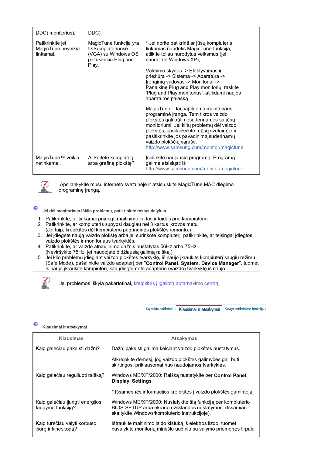 Samsung LS17BIDKSV/EDC manual Klausimas Atsakymas, Display, Settings 