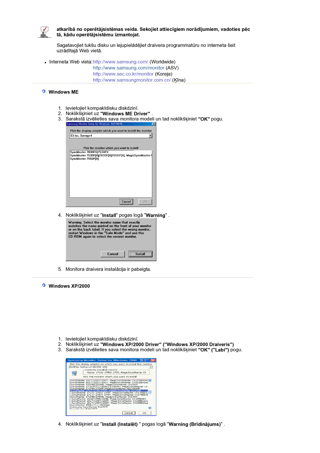 Samsung LS17BIDKSV/EDC manual Noklikšķiniet uz Windows ME Driver, Windows XP/2000 