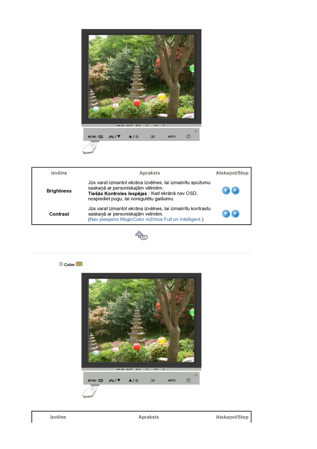 Samsung LS17BIDKSV/EDC manual Brightness Contrast, AprakstsAtskaņot/Stop, Izvēlne Apraksts Atskaņot/Stop 