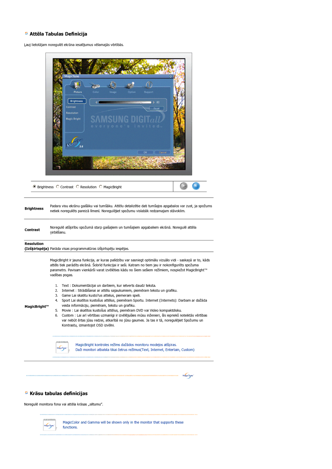 Samsung LS17BIDKSV/EDC manual Brightness, Contrast, Resolution, MagicBright Veida informāciju, piemēram, tekstu un grafiku 