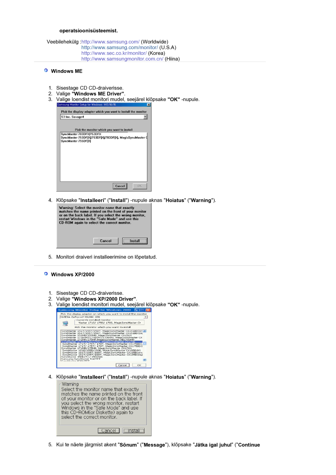 Samsung LS17BIDKSV/EDC manual Operatsioonisüsteemist Windows ME, Valige Windows ME Driver, Windows XP/2000 