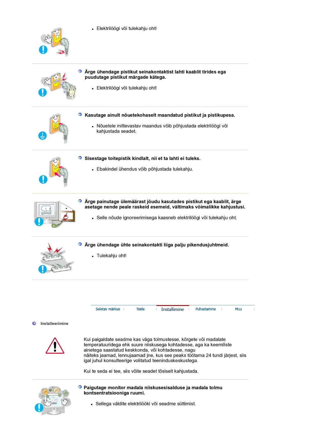 Samsung LS17BIDKSV/EDC manual Sisestage toitepistik kindlalt, nii et ta lahti ei tuleks 