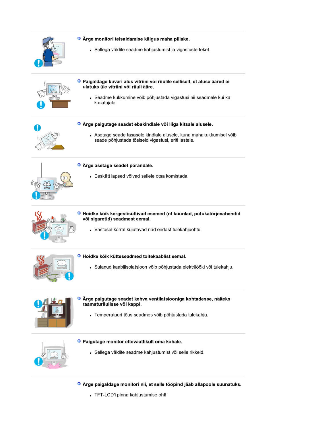 Samsung LS17BIDKSV/EDC manual Ärge monitori teisaldamise käigus maha pillake, Ärge asetage seadet põrandale 