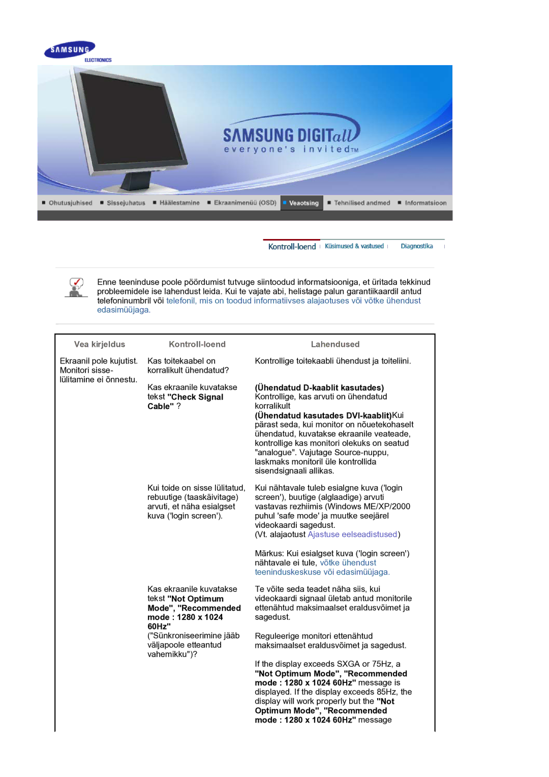 Samsung LS17BIDKSV/EDC Vea kirjeldus Kontroll-loend Lahendused, Ühendatud D-kaablit kasutades, Tekst Check Signal, Cable ? 