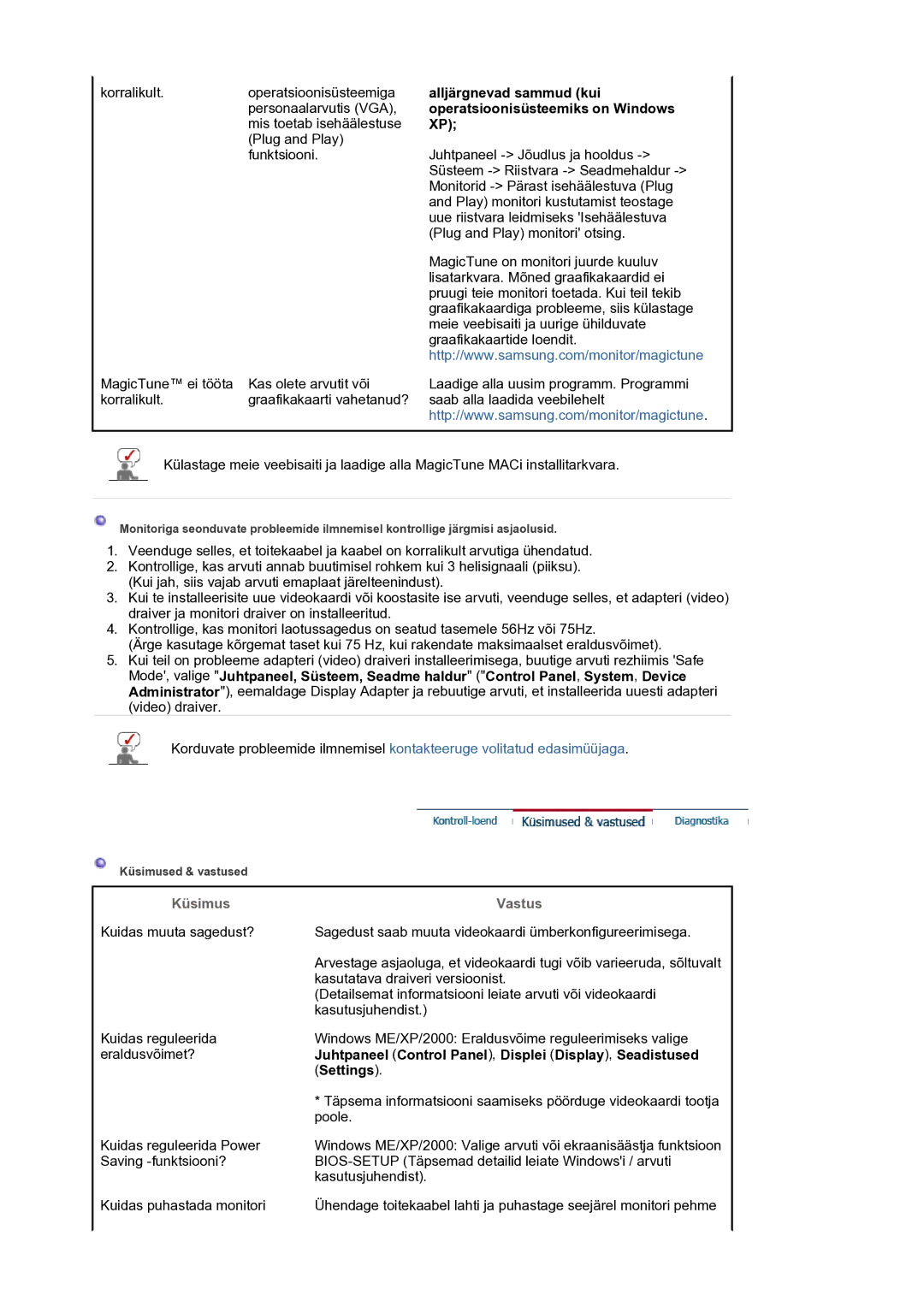 Samsung LS17BIDKSV/EDC manual Alljärgnevad sammud kui, Operatsioonisüsteemiks on Windows, Küsimus Vastus, Settings 