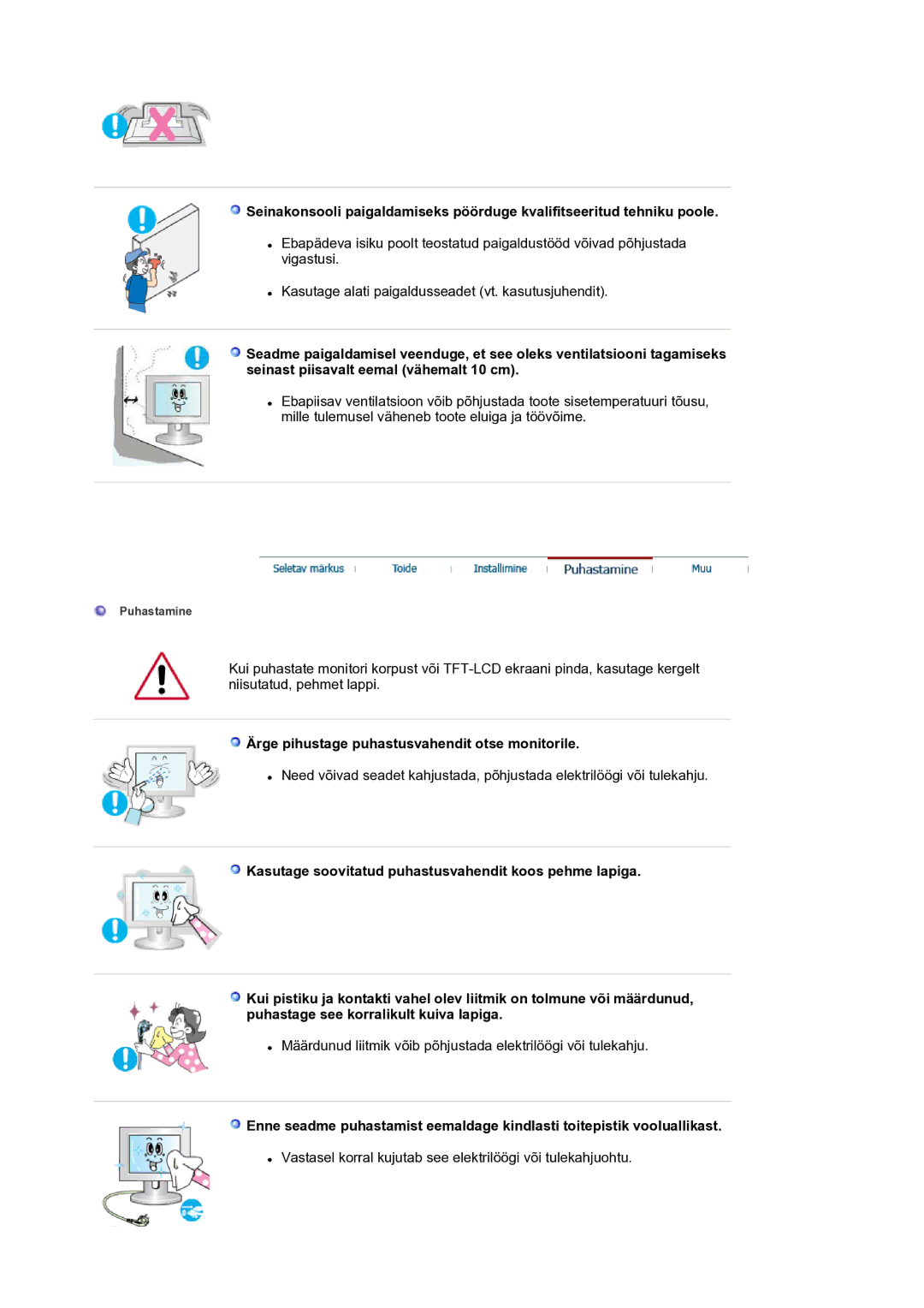 Samsung LS17BIDKSV/EDC manual Ärge pihustage puhastusvahendit otse monitorile 