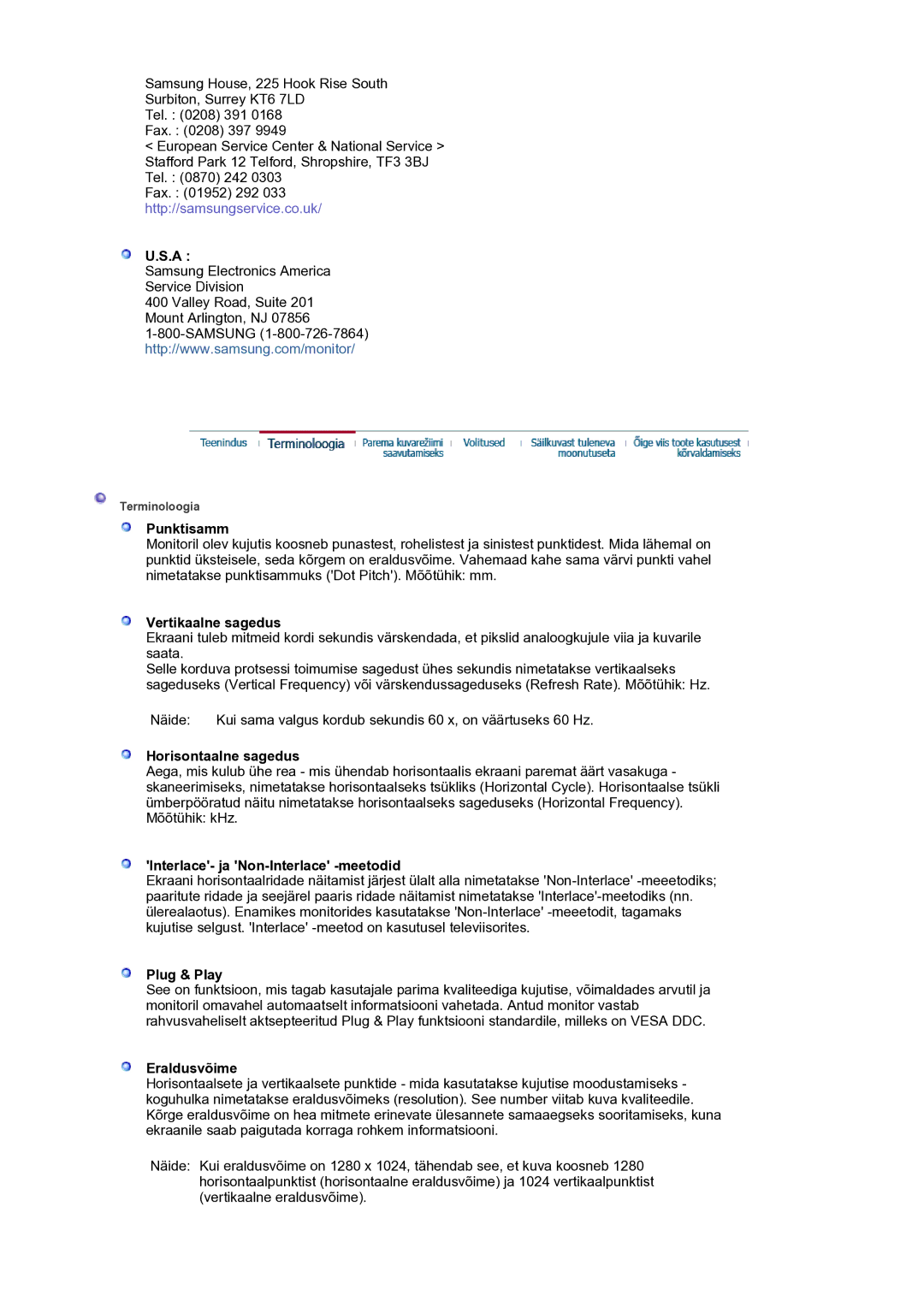 Samsung LS17BIDKSV/EDC manual Punktisamm, Vertikaalne sagedus, Horisontaalne sagedus, Interlace- ja Non-Interlace -meetodid 