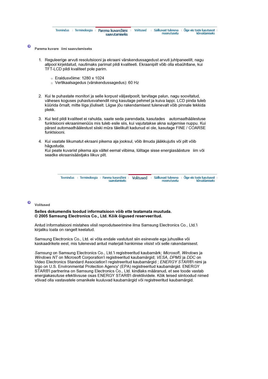 Samsung LS17BIDKSV/EDC manual Parema kuvare iimi saavutamiseks 