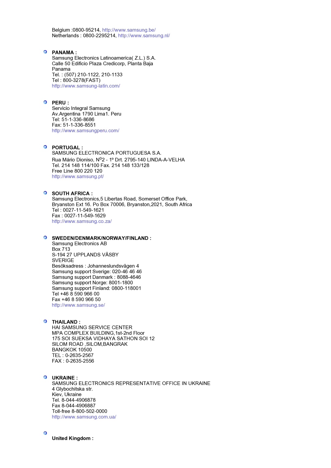 Samsung LS17BIDKSV/EDC manual Panama, United Kingdom 