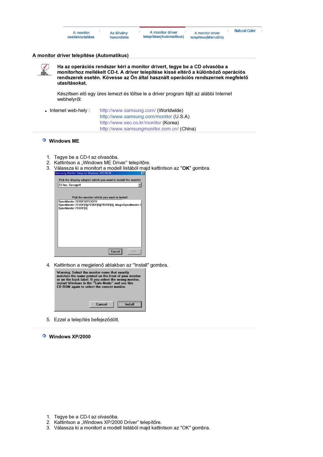 Samsung LS17BIDKSV/EDC manual Windows ME, Windows XP/2000 