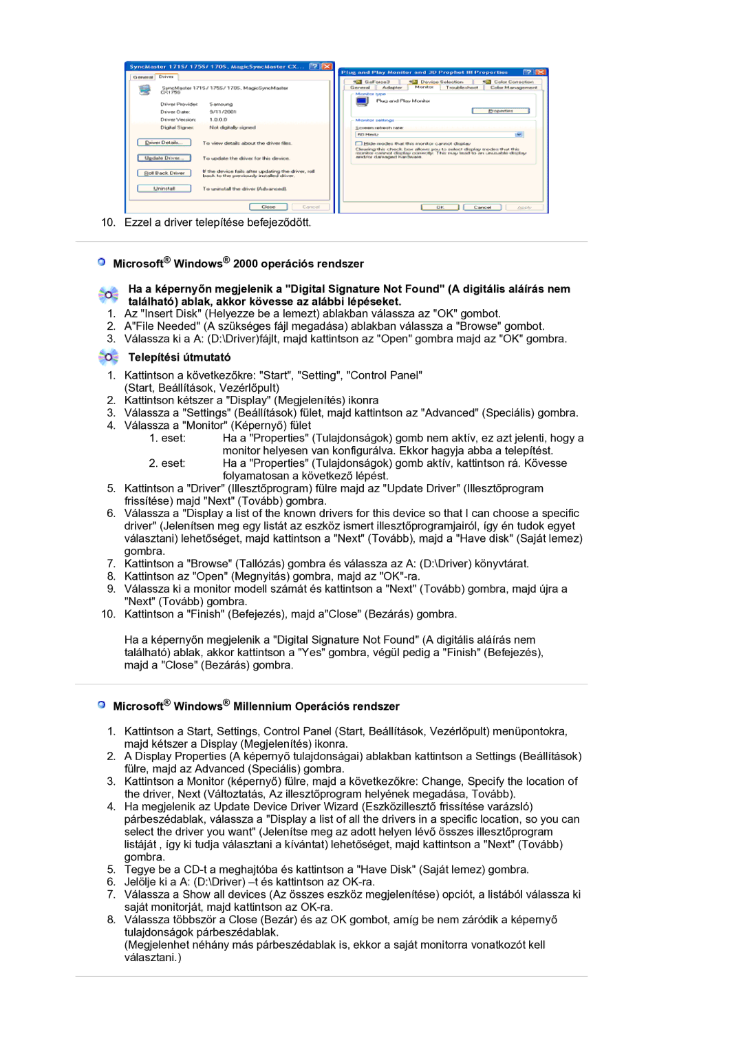 Samsung LS17BIDKSV/EDC manual Telepítési útmutató, Microsoft Windows Millennium Operációs rendszer 