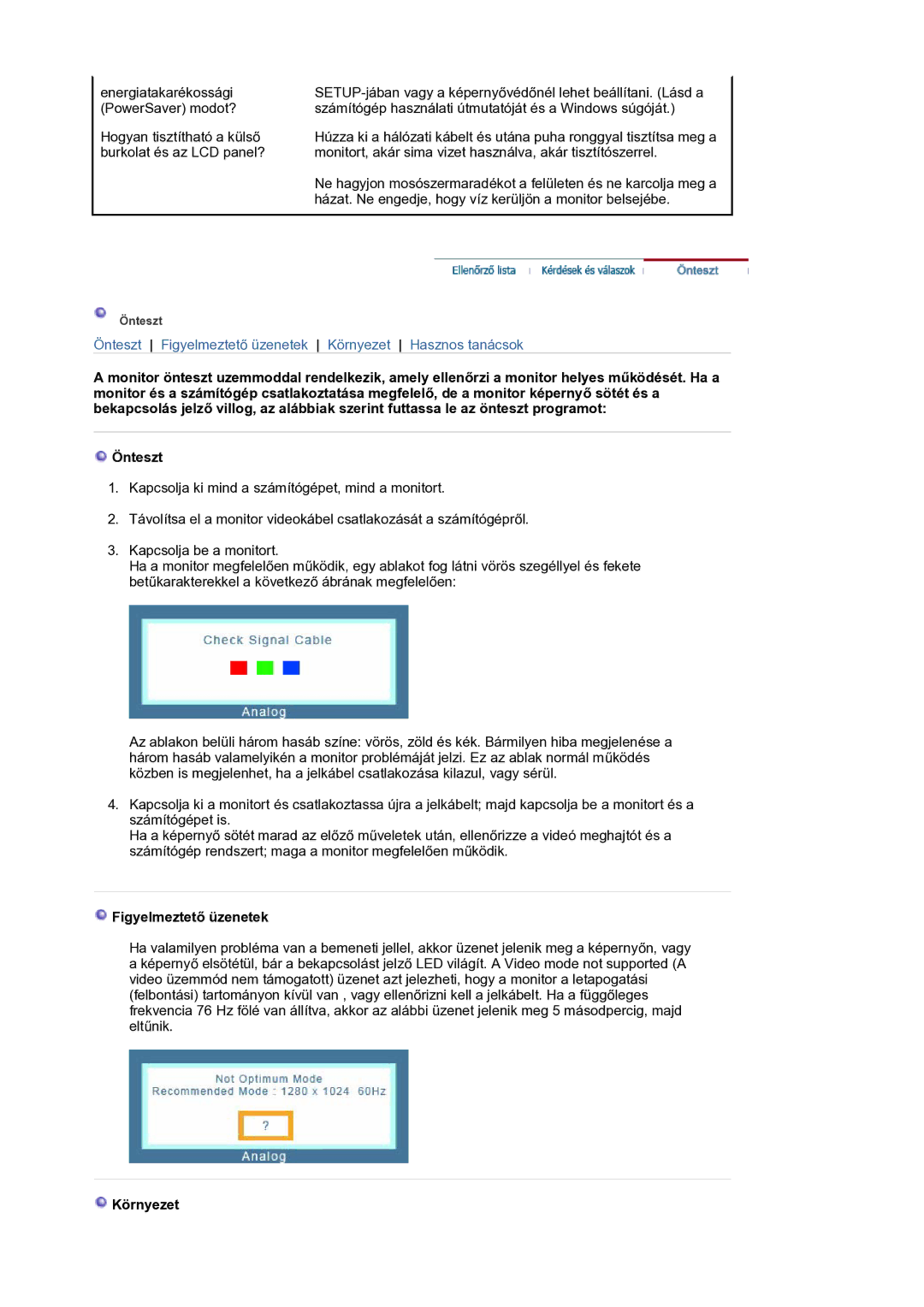 Samsung LS17BIDKSV/EDC manual Figyelmeztető üzenetek, Környezet 