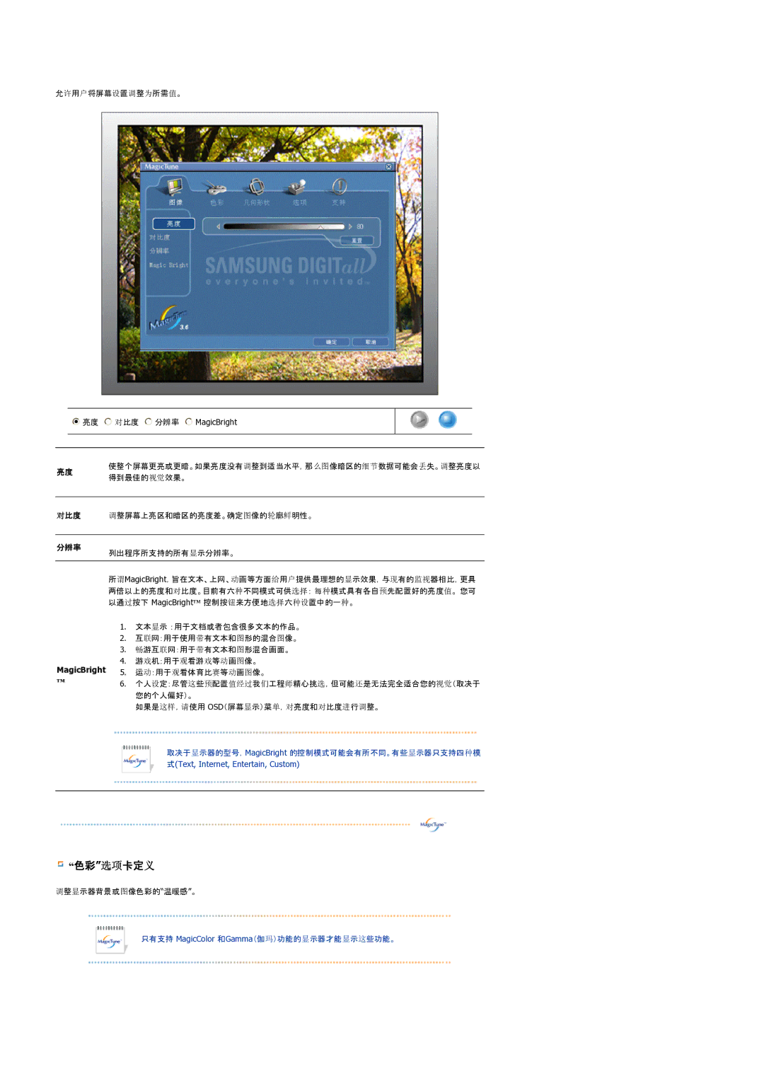 Samsung LS17BIDKSV/EDC manual 色色选选卡定义, 程分分 