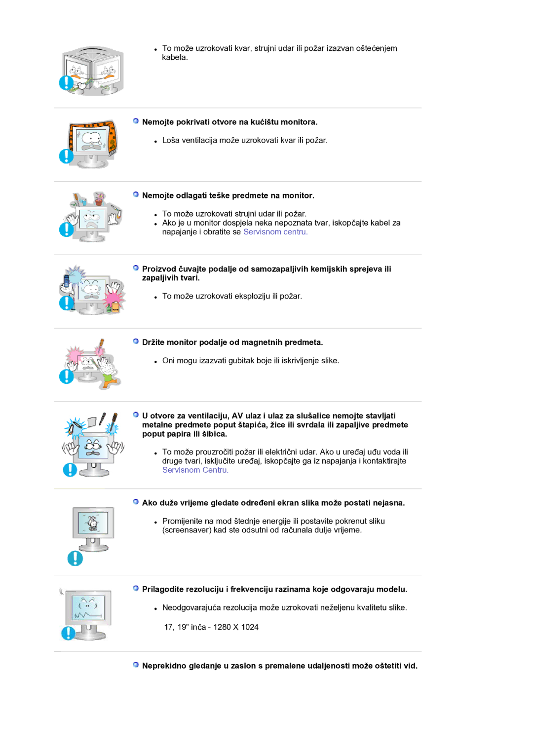 Samsung LS17BIDKSV/EDC manual Nemojte pokrivati otvore na kućištu monitora, Nemojte odlagati teške predmete na monitor 