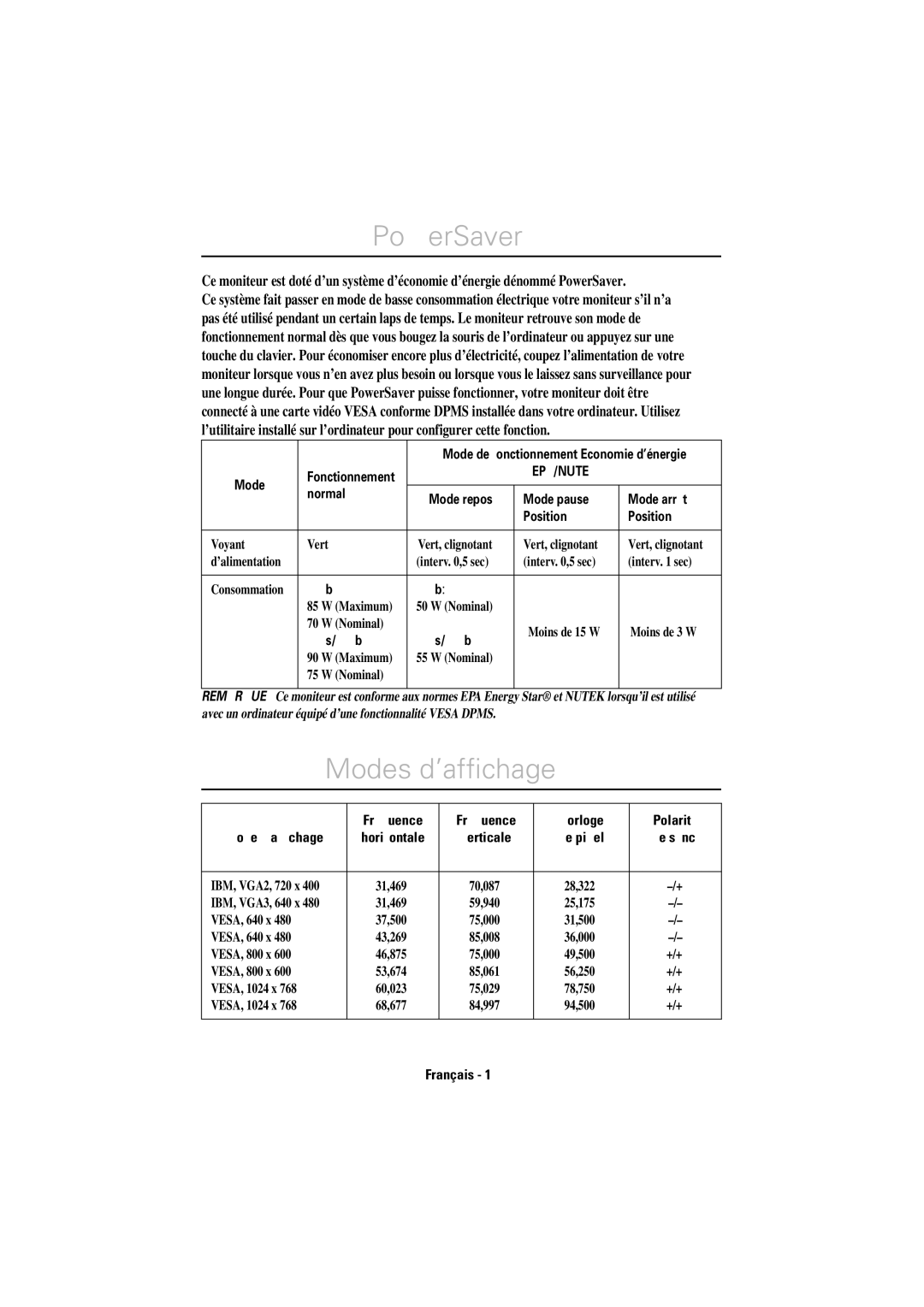 Samsung LS17CIBQSQ/EDC manual PowerSaver, Modes d’afﬁchage 