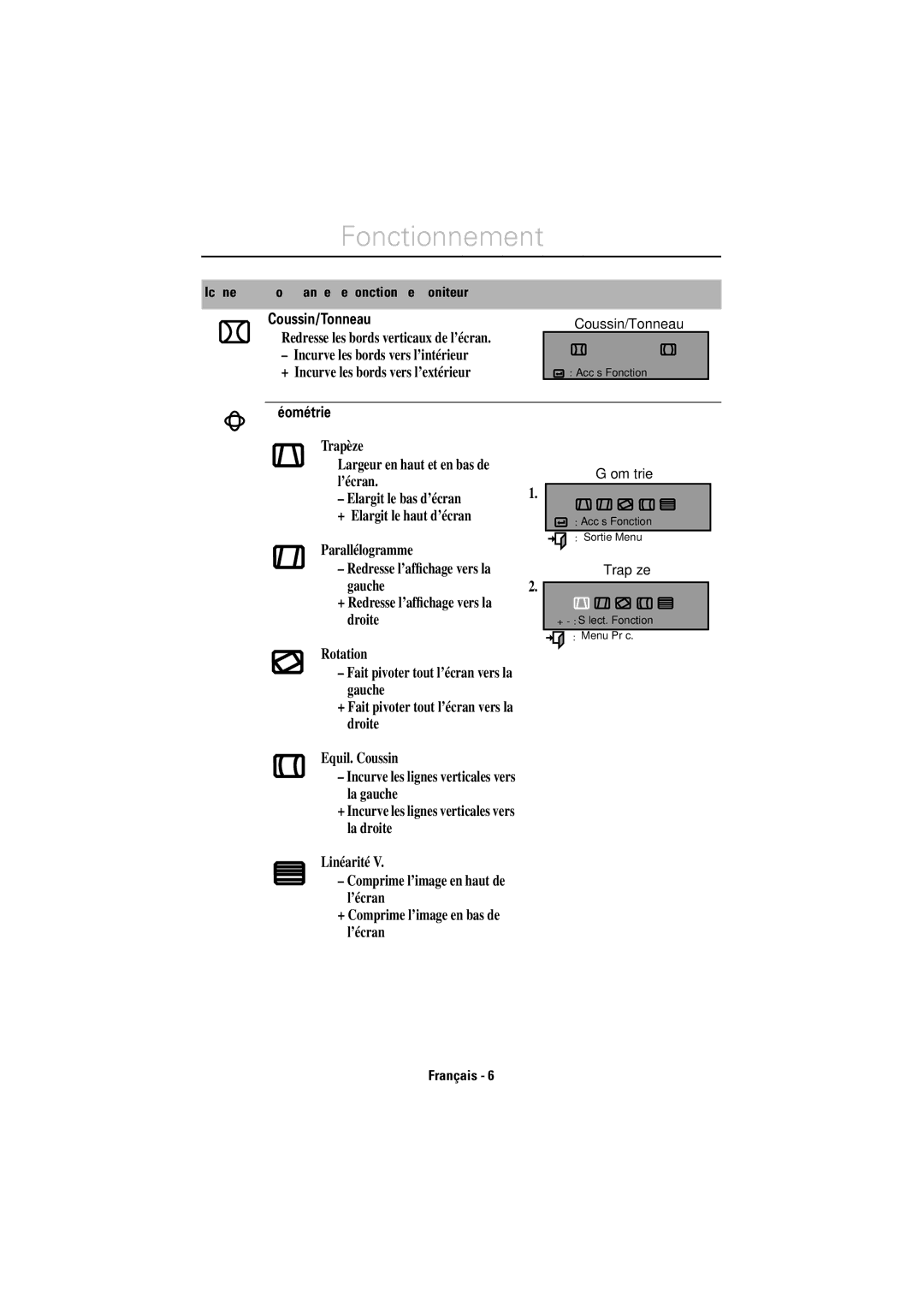 Samsung LS17CIBQSQ/EDC manual Coussin/Tonneau, Redresse les bords verticaux de l’écran, Géométrie 