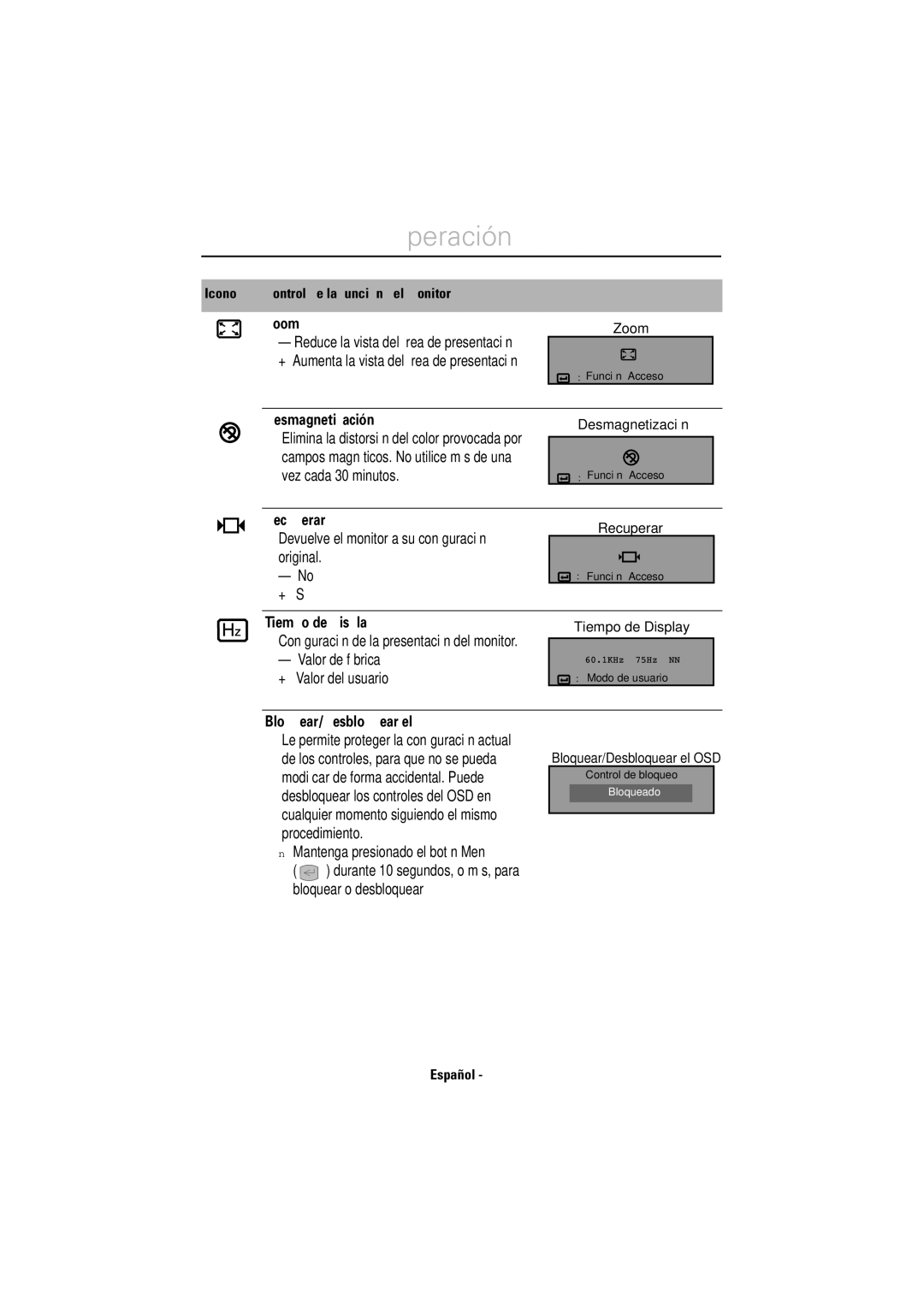 Samsung LS17CIBQSQ/EDC manual Zoom, Desmagnetización, Recuperar, Tiempo de Display, Bloquear/Desbloquear el OSD 