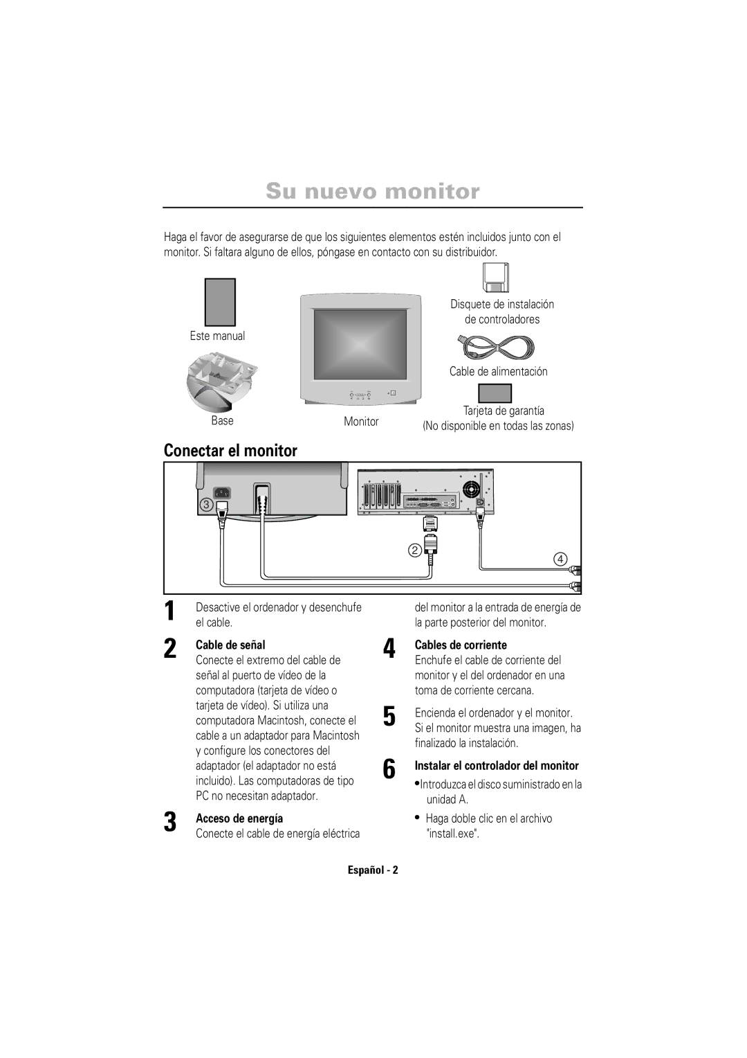 Samsung LS17CIBQSQ/EDC manual Su nuevo monitor, Conectar el monitor, Cable de señal, Acceso de energía, Cables de corriente 