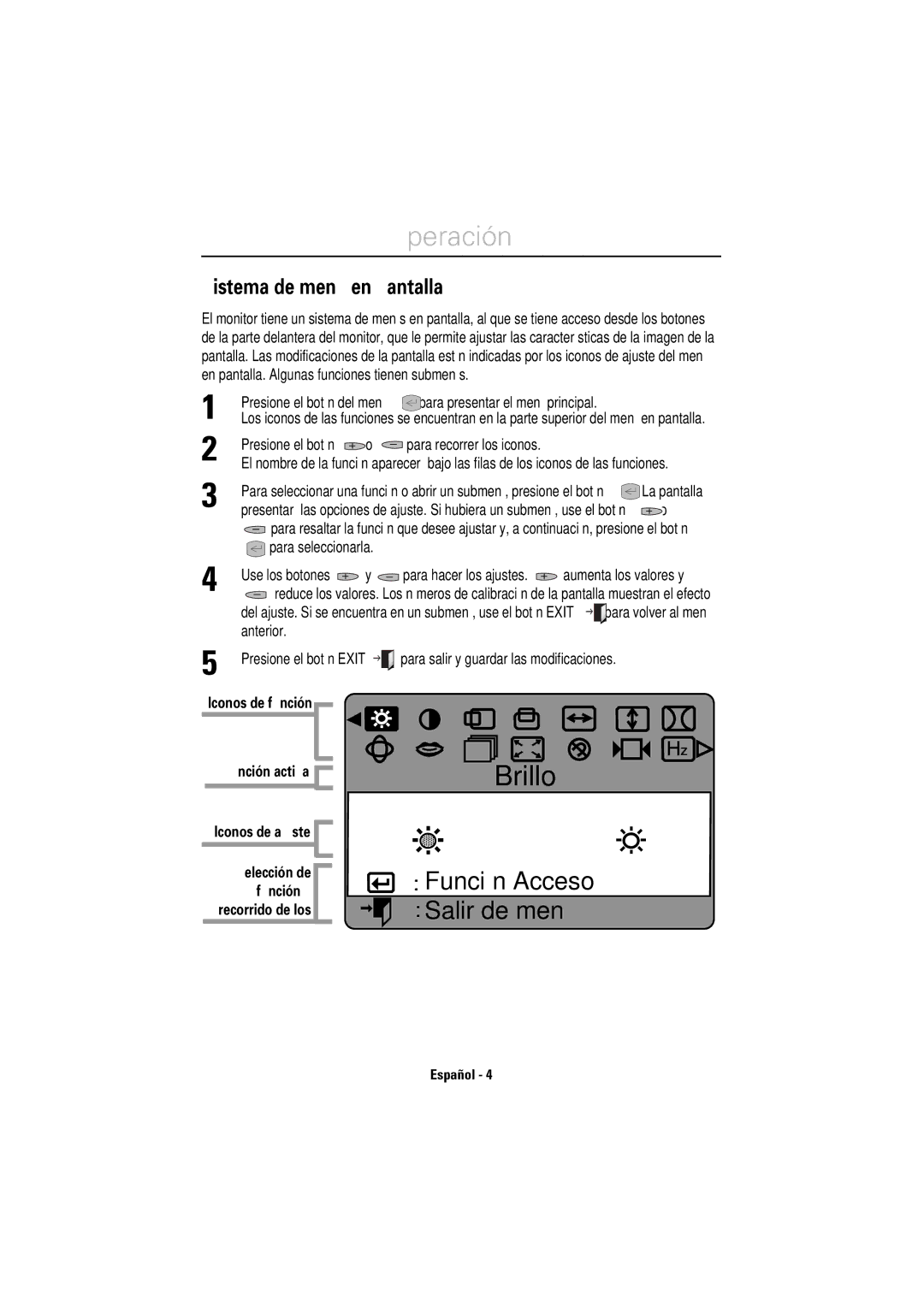 Samsung LS17CIBQSQ/EDC manual Operación, Sistema de menú en pantalla, Aumenta los valores y, Anterior 