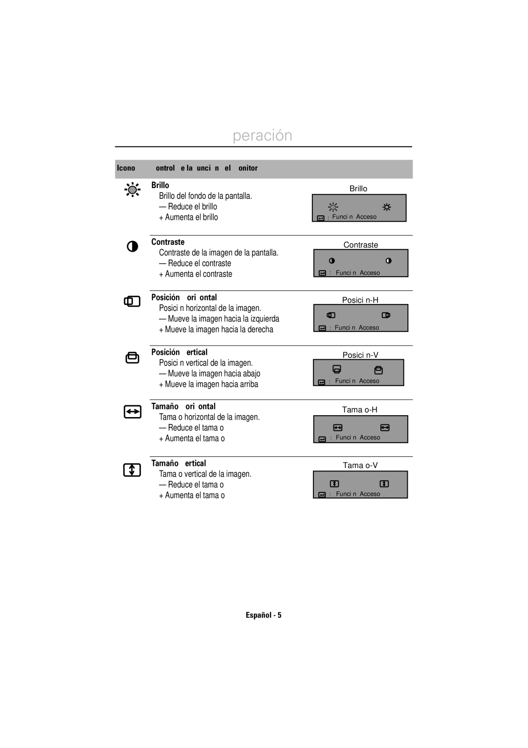 Samsung LS17CIBQSQ/EDC manual Brillo, Contraste, Posición Horizontal, Posición Vertical, Tamaño Horizontal, Tamaño Vertical 