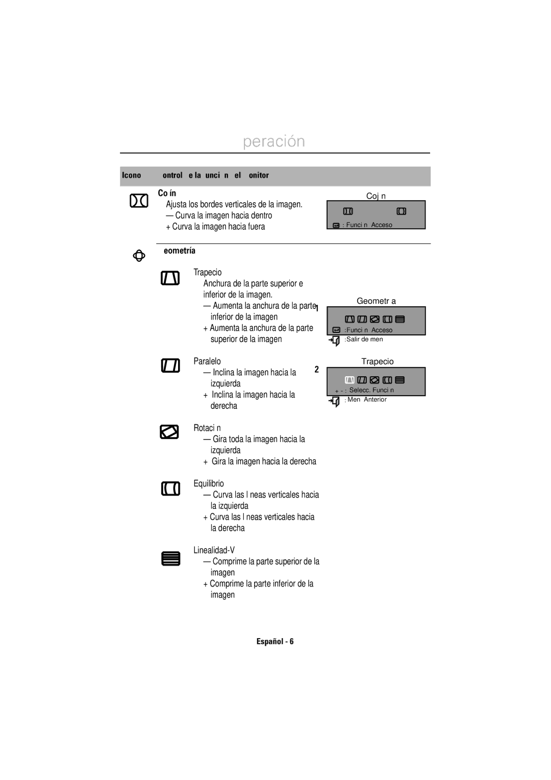 Samsung LS17CIBQSQ/EDC manual Cojín, Geometría, Trapecio, Icono Control de la función del monitor 