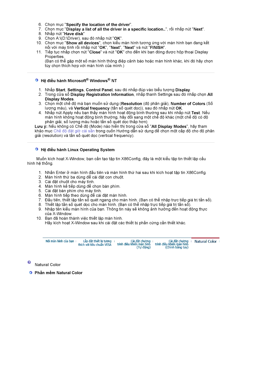 Samsung LS17DEPQAQ/VNT manual Hệ điều hành Microsoft Windows NT, Hệ điều hành Linux Operating System, Natural Color 