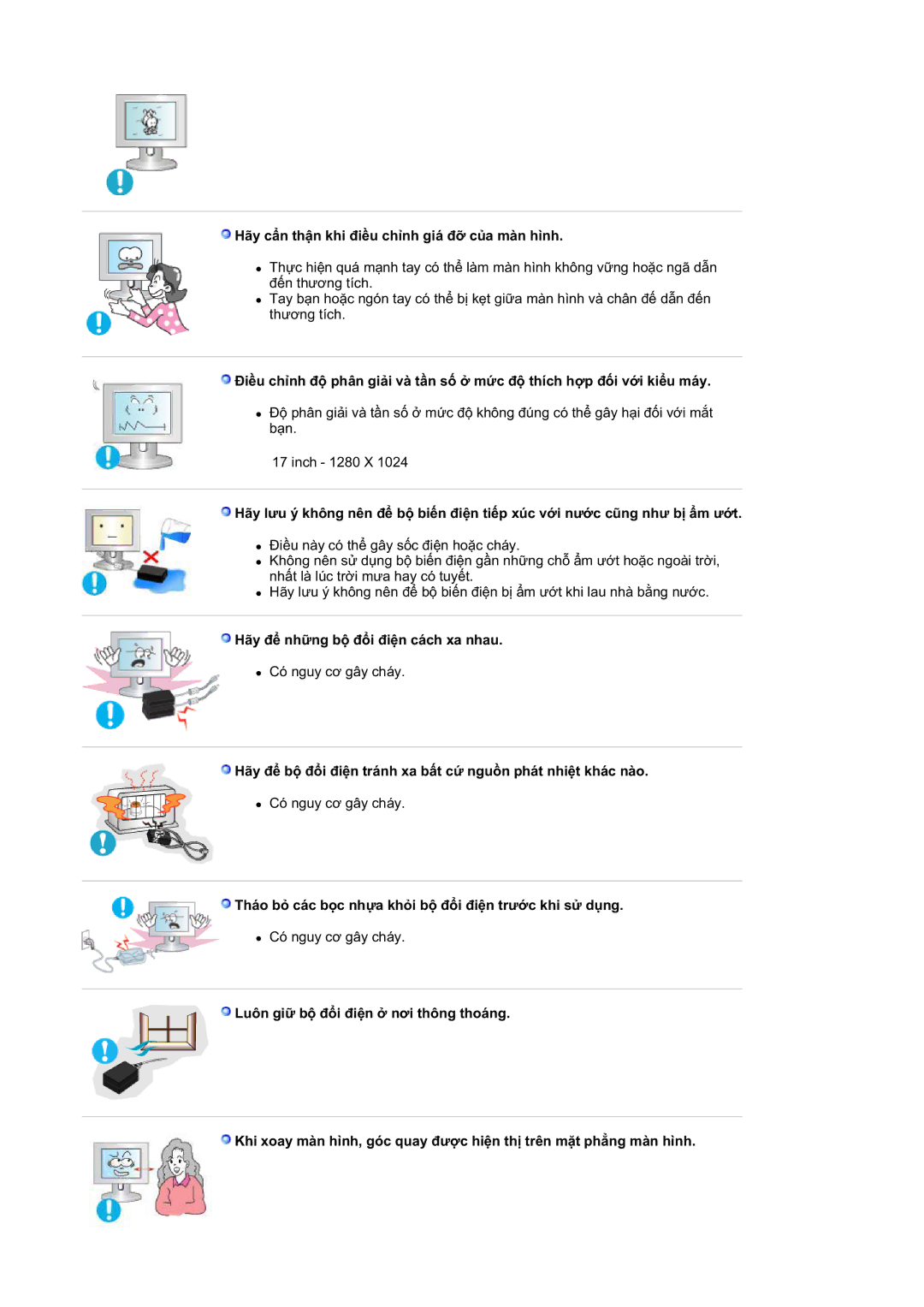 Samsung LS17DEPQAQ/VNT manual Hãy cҭn thұn khi ÿiӅu chӍnh giá ÿӥ cӫa màn hình, Hãy ÿӇ nhӳng bӝ ÿәi ÿiӋn cách xa nhau 